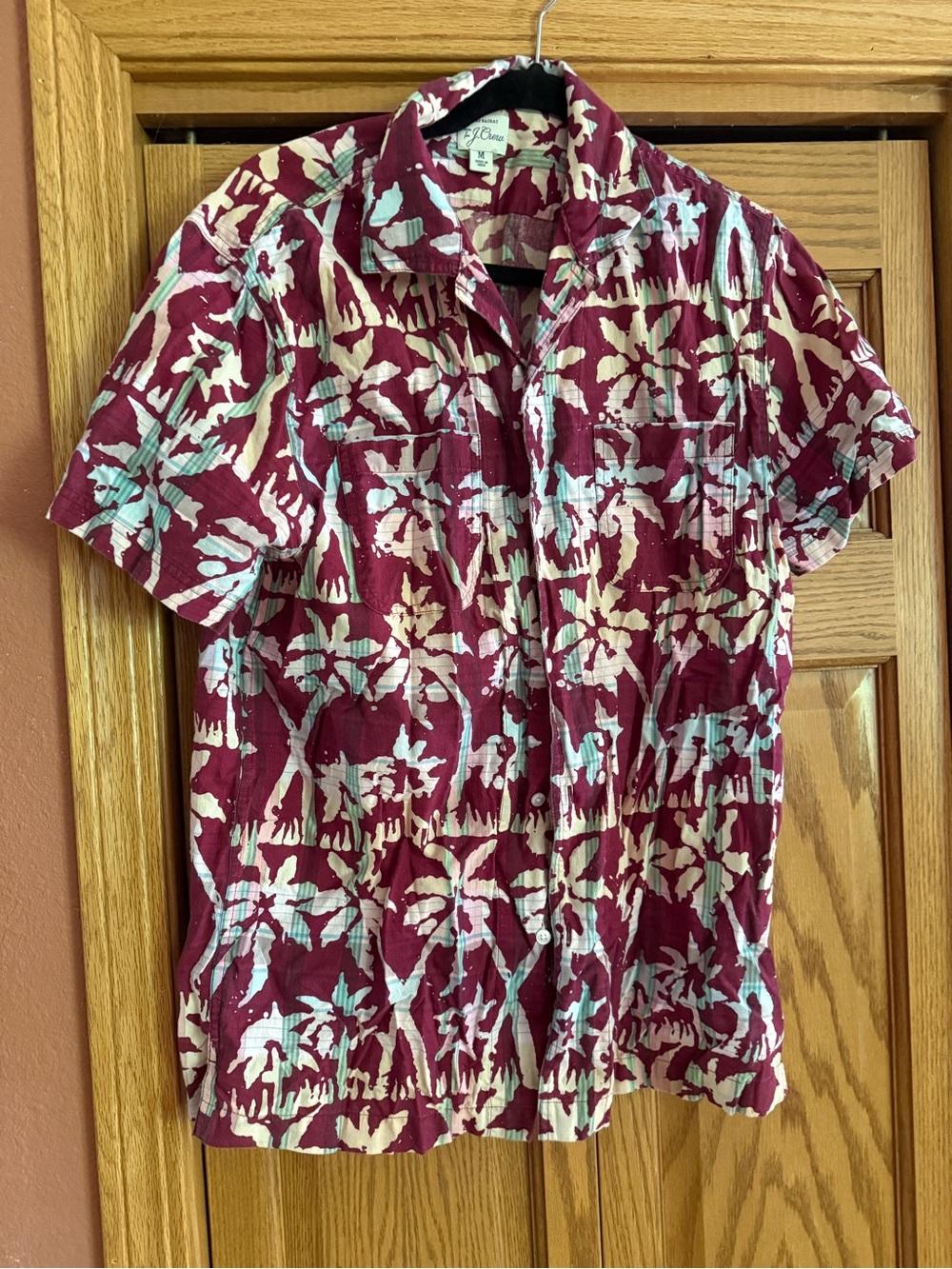 J. Crew Short Sleeve Button-Down Hawaiian Shirt in Burgundy, Cream & Light Blue
